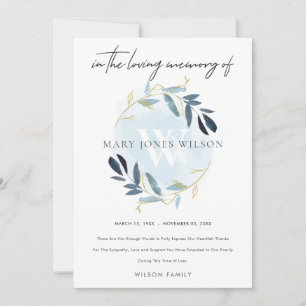 GOLD AQUA BLUE FOLIAGE WREATH BEILEID MEMORIAL DANKESKARTE