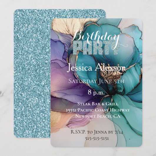 Gold Aqua Blue Glitzer Lila Blume Geburtstag Einladung (Vorne/Hinten)