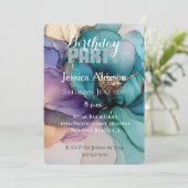 Gold Aqua Blue Glitzer Lila Blume Geburtstag Einladung (Stehend Vorderseite)
