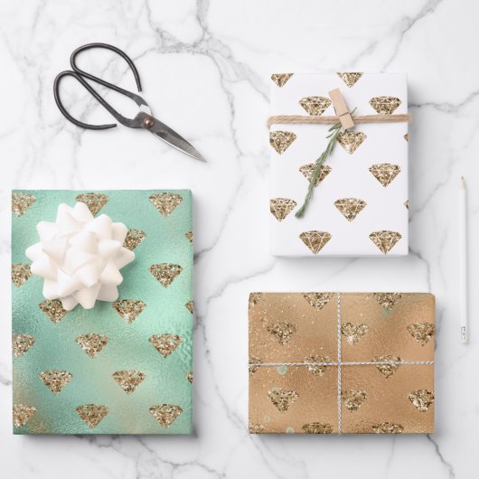 Gold Aqua Glam Glitzer Diamonds Geschenkpapier Set (Vorderseite)