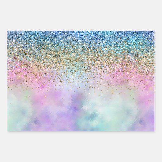 Gold Aqua Glitzer Lila Weißes Einhorn Geschenkpapier Set (Vorderseite)