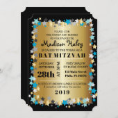 GOLD Aqua Gold Stars Bar Bat Mitzvah Einladung (Vorne/Hinten)