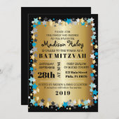 GOLD Aqua Gold Stars Bar Bat Mitzvah Einladung (Vorne/Hinten)