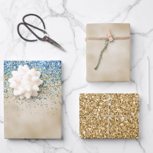 Gold Aqua Lila Glitzer Sparkone Geschenkpapier Set (Vorderseite)