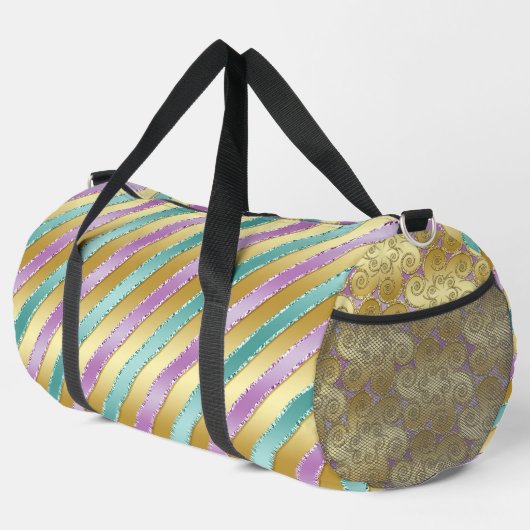 GOLD AQUA & LILA SATIN STRIPE SEHEN PATTER DUFFLE BAG (Rechte Ecke)
