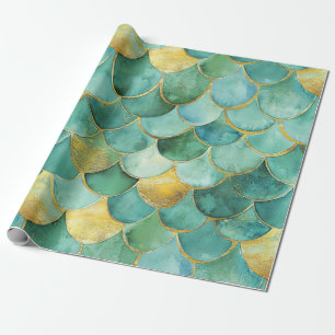 Gold Aqua Mermaid Maßstab Wasserfarben Muster Geschenkpapier