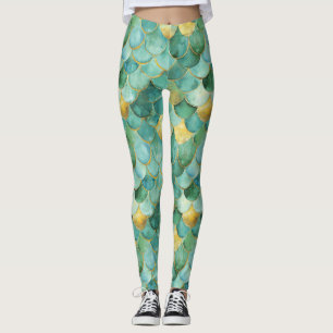 Gold Aqua Mermaid Maßstab Wasserfarben Muster Leggings