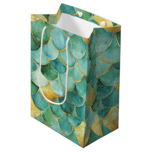 Gold Aqua Mermaid Maßstab Wasserfarben Muster Mittlere Geschenktüte