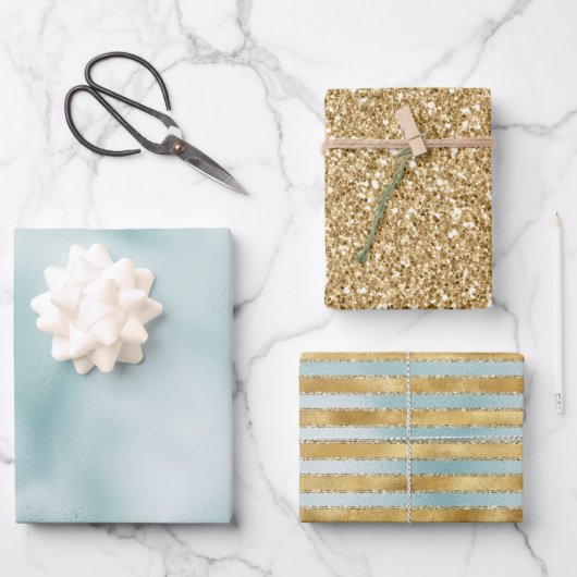 Gold Aqua Mint Glitzer Streifen Geschenkpapier Set (Vorderseite)