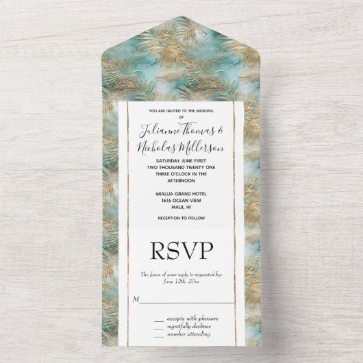 Gold Aqua White Tropical Blätter All In One Einladung (Innen Boden)