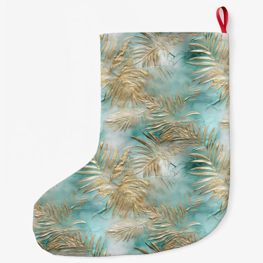 Gold Aqua White Tropical Blätter Großer Weihnachtsstrumpf (Rückseite)