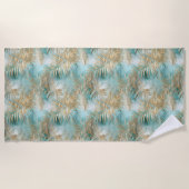 Gold Aqua White Tropical Blätter Strandtuch (Vorderseite)