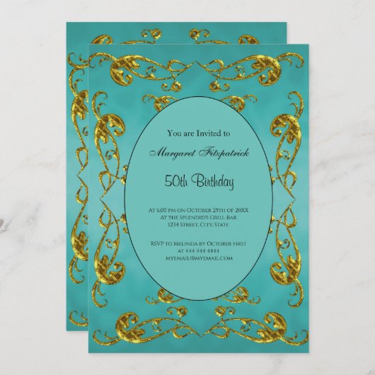 Gold Aquamarin 50. Geburtstagsparty Einladung (Vorne/Hinten)