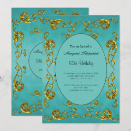 Gold Aquamarin 50. Geburtstagsparty Einladung