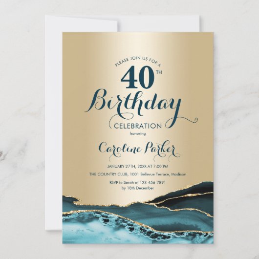 Gold Aquamarin Agate 40. Geburtstag Einladung (Vorderseite)