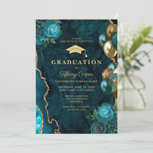 Gold Aquamarin Agate Graduation Party Einladung (Stehend Vorderseite)