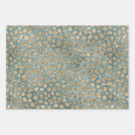 Gold Aquamarin Blue Green Glitzy Leopard Print Geschenkpapier Set