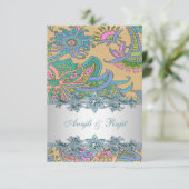 Gold Aquamarin Blue Paisley Indian Wedeption Einladung (Stehend Vorderseite)