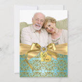 Gold Aquamarin Damask & Bow Foto 50 Jahre Jubiläum Einladung (Vorderseite)