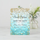 Gold Aquamarin Ombre Sweet 16 Save the Date Glitze Einladung (Stehend Vorderseite)