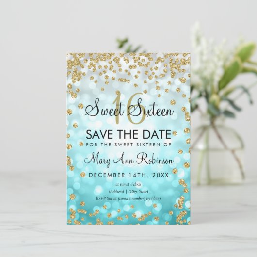 Gold Aquamarin Ombre Sweet 16 Save the Date Glitze Einladung (Stehend Vorderseite)