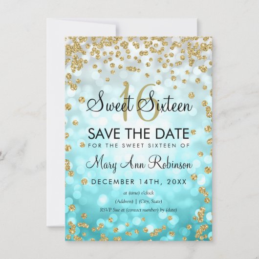 Gold Aquamarin Ombre Sweet 16 Save the Date Glitze Einladung (Vorderseite)