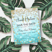 Gold Aquamarin Ombre Sweet 16 Save the Date Glitze Einladung
