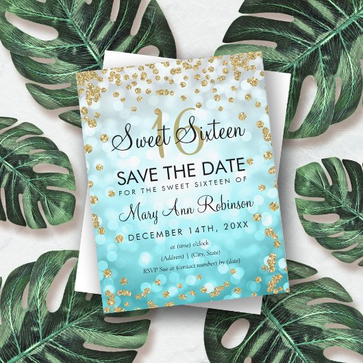 Gold Aquamarin Ombre Sweet 16 Save the Date Glitze Einladung
