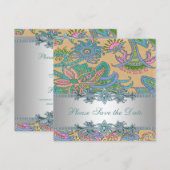 Gold Aquamarin Paisley Indian Wedding Save the Dat Date (Vorne/Hinten)