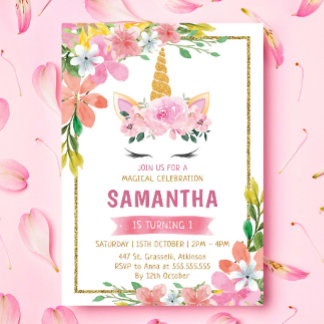 Gold Aquamarin rosa Blütenzauber zum Geburtstag Einladung