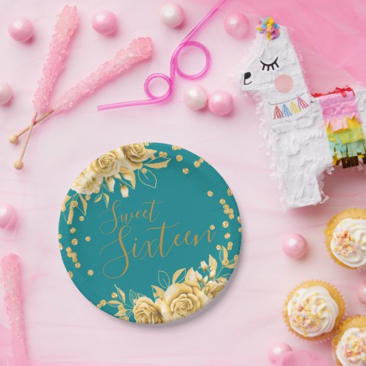 Gold Aquamarin Sweet 16 Glitzer Confetti Floral Pappteller (Party)