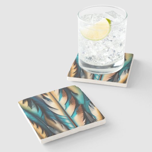 Gold & Aquamarine Federn Kunst Steinuntersetzer (Seitenansicht)