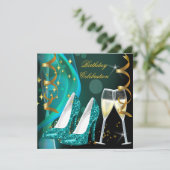 Gold Aquamarine Glitzer Shoes Champagne Geburtstag Einladung (Stehend Vorderseite)