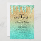 Gold aquamarinen ombre Glitzer Tropfen Sweet siebz Einladung (Vorderseite)