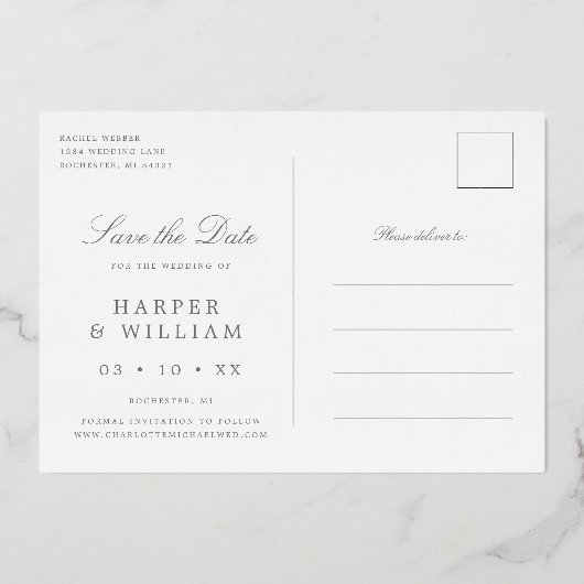 Gold Aquarell-Blätter Save the Date Postkarte (Rückseite)