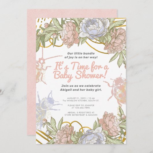 Gold Aquarell Blumen & Grünpflanzen Girl Baby Dusc Einladung (Vorne/Hinten)