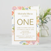 Gold Aquarell Floral Erster Geburtstag Einladung (Stehend Vorderseite)