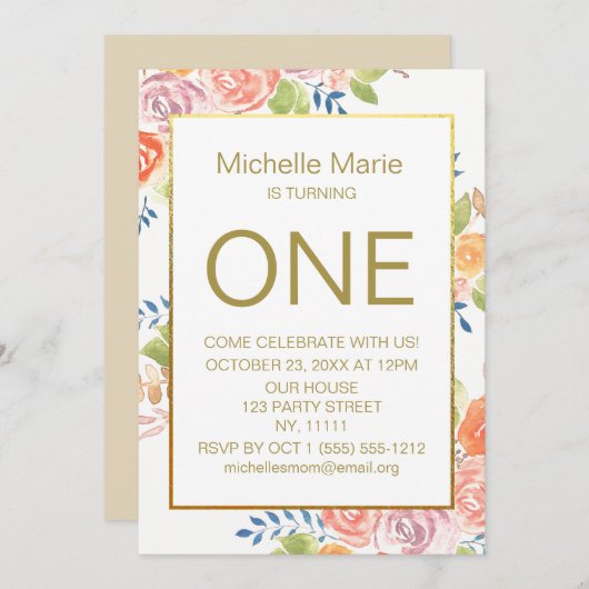 Gold Aquarell Floral Erster Geburtstag Einladung (Vorne/Hinten)