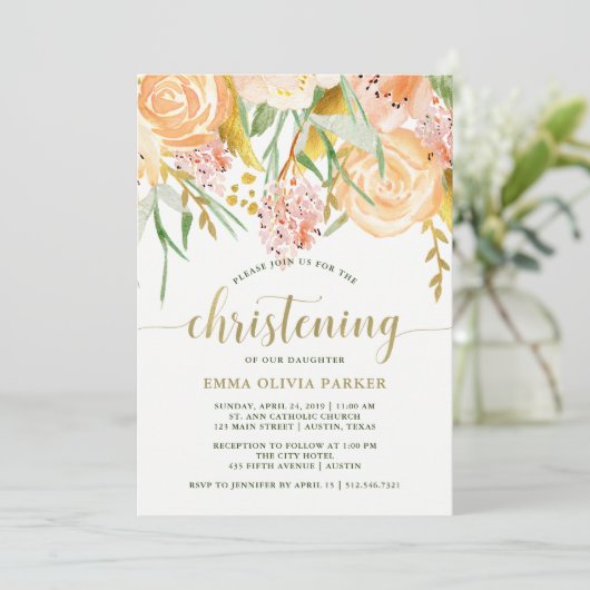 Gold Aquarellblume in Weiß | Feiern Einladung (Stehend Vorderseite)