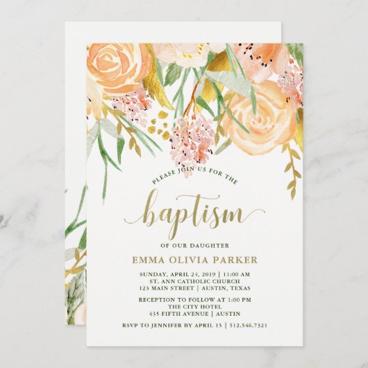 Gold Aquarellblume in Weiß | Taufe Einladung (Vorne/Hinten)