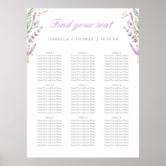Gold & Aquarelllavender Wedding Seating Chart Poster (Vorne)