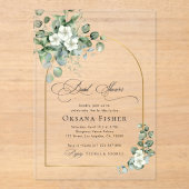 Gold Arch & Eukalyptus Transparentes Brautparty Acryleinladungen (Vorderseite)