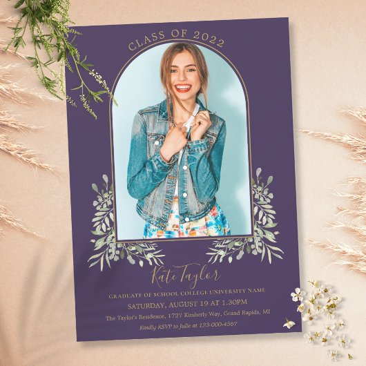 Gold Arch Foto Lila Foliage Abschluss Einladung