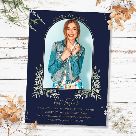Gold Arch Foto Navy Blue Foliage Abschluss Einladung