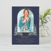 Gold Arch Foto Navy Blue Foliage Abschluss Einladung (Stehend Vorderseite)
