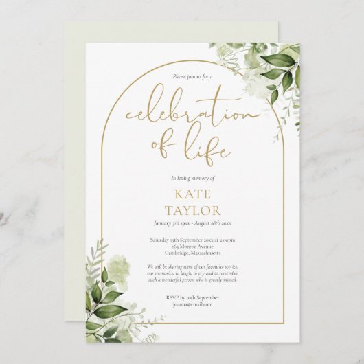 Gold Arch Greeneration Beerdigung des Lebens Einladung (Vorne/Hinten)