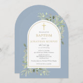 Gold Arch Greenery Dusty Blue Boy Taufe Einladung (Vorne/Hinten)
