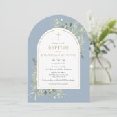 Gold Arch Greenery Dusty Blue Boy Taufe Einladung (Stehend Vorderseite)