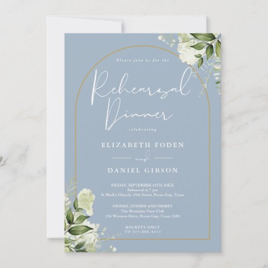 Gold Arch Greenery Dusty Blue Probe Dinner Einladung (Vorderseite)