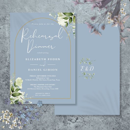 Gold Arch Greenery Dusty Blue Probe Dinner Einladung